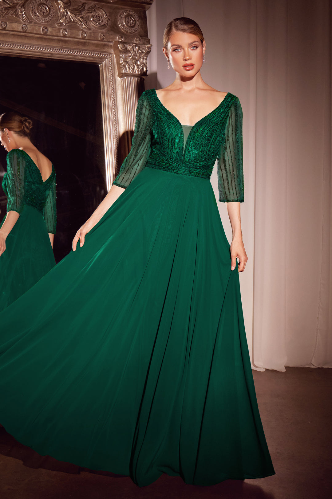 Cinderella Divine CC446 Evening Gown with Deep V-Neckline