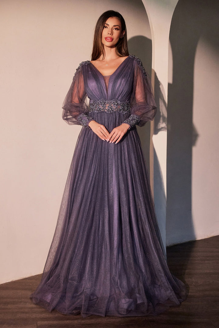 Cinderella Divine CD0938 A-Line Evening Gown with V-Neckline