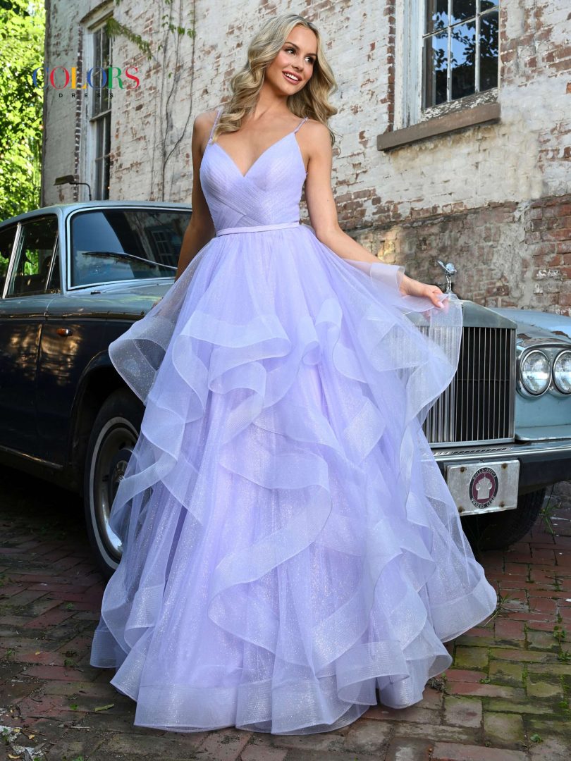 Colors Dress 2381 Evening Gown V Neck Glitter Mesh Ballgown