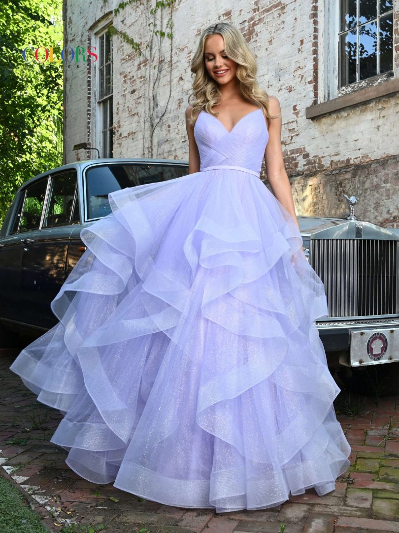 Colors Dress 2381 Evening Gown V Neck Glitter Mesh Ballgown