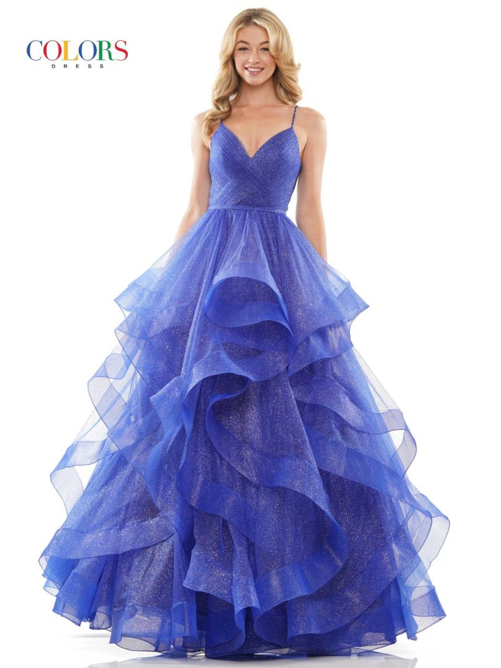 Colors Dress 2381 Evening Gown V Neck Glitter Mesh Ballgown