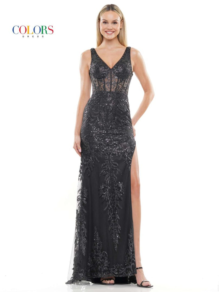Colors Dress 2990 V-Neck Sheath Prom Dress With Corset Bodice