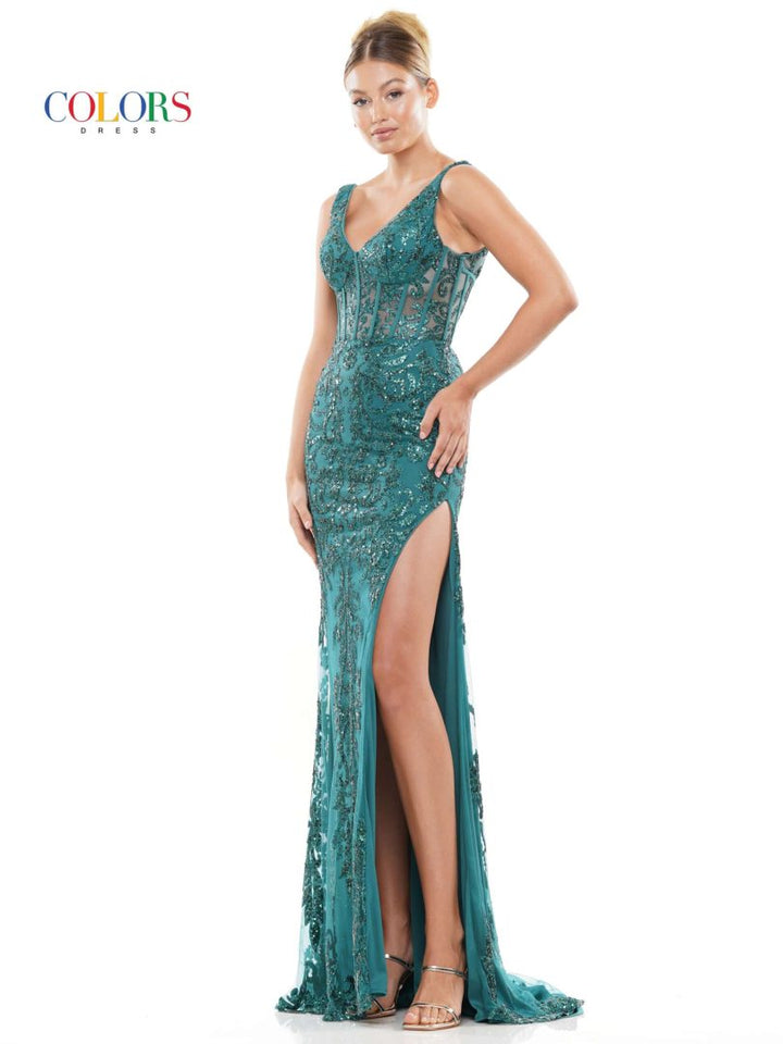 Colors Dress 2990 V-Neck Sheath Prom Dress With Corset Bodice