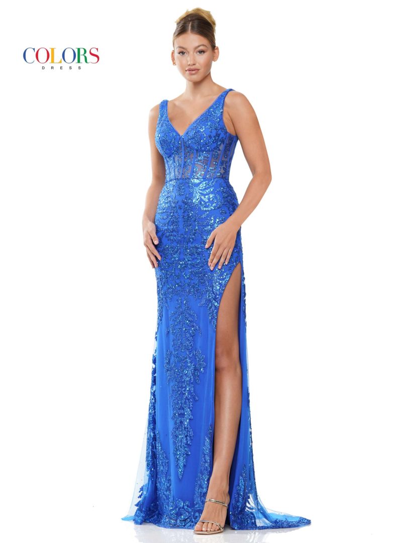 Colors Dress 2990 V-Neck Sheath Prom Dress With Corset Bodice