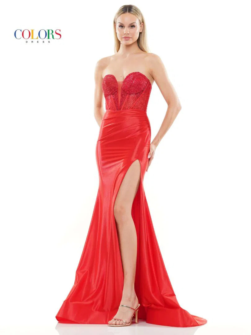 Colors Dress 3138 Strapless Beaded Prom Dress With High Slit