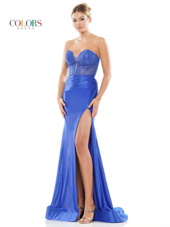Colors Dress 3138 Strapless Beaded Prom Dress With High Slit