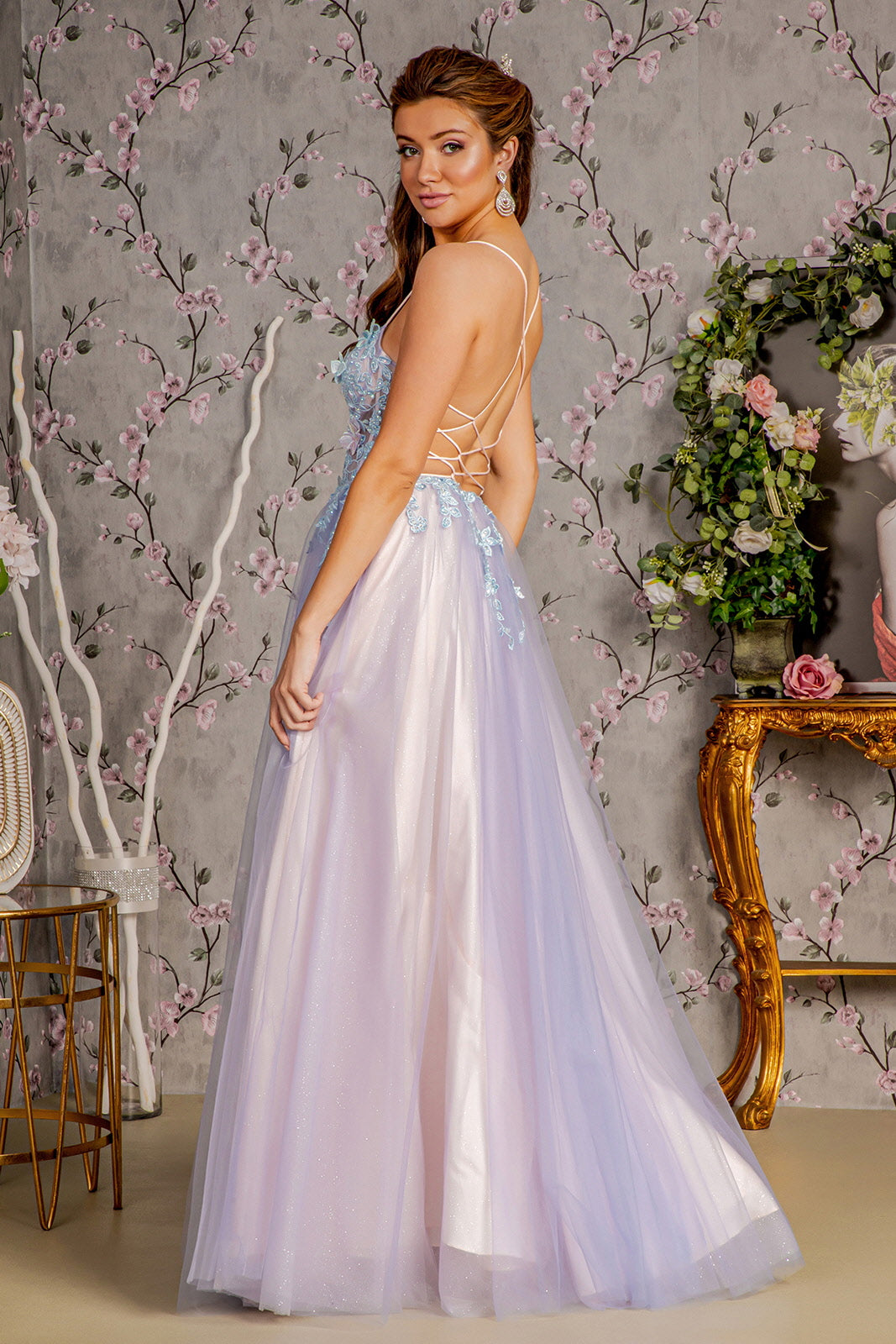 strapless open back dress 3D Butterfly Sleeveless Two-Tone Gown by GLS Gloria GL3252 L / Smoky Blue/Peach main image 1