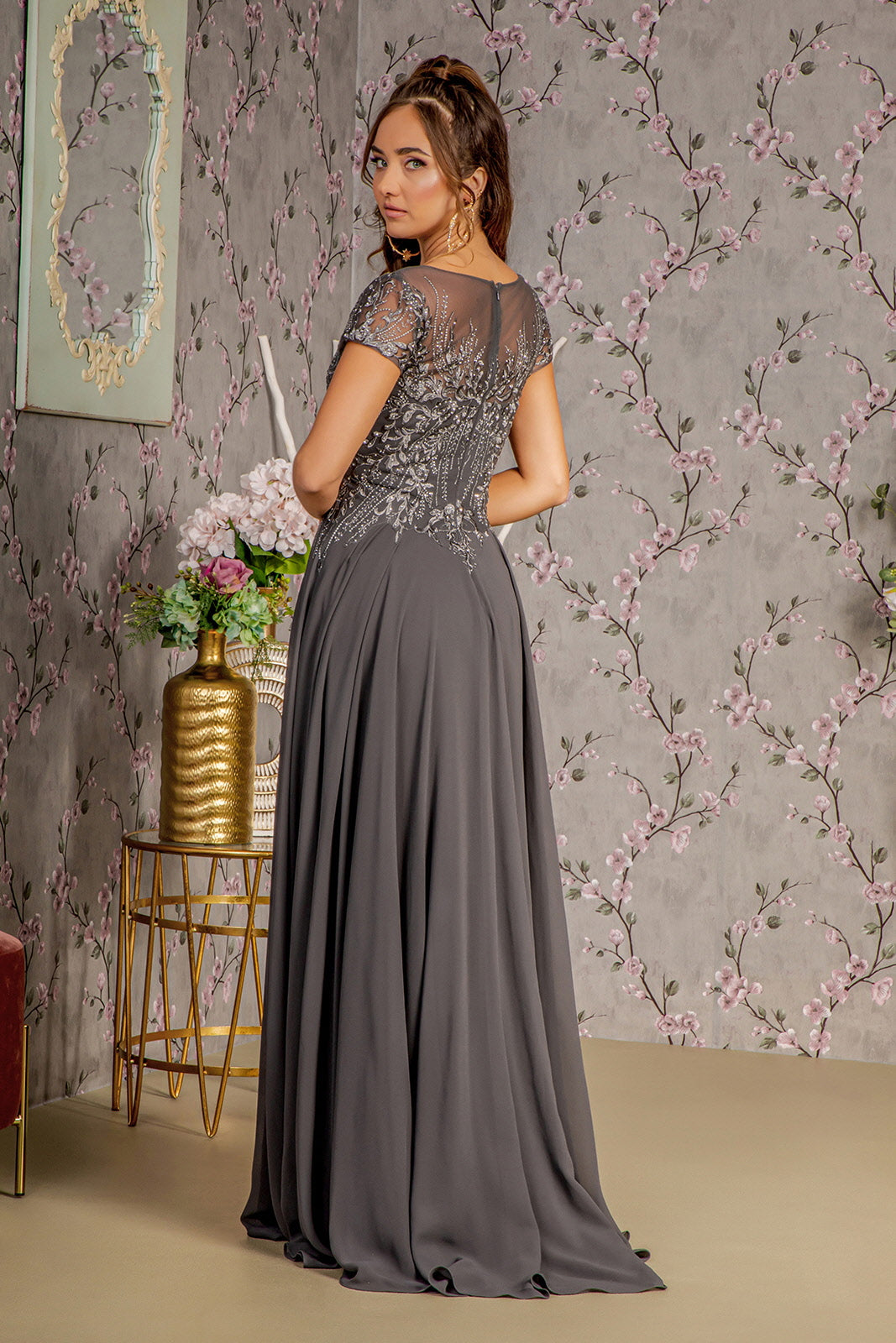 Embroidered Short Sleeve A-Line Gown by GLS Gloria GL3362 Navy / 4XL