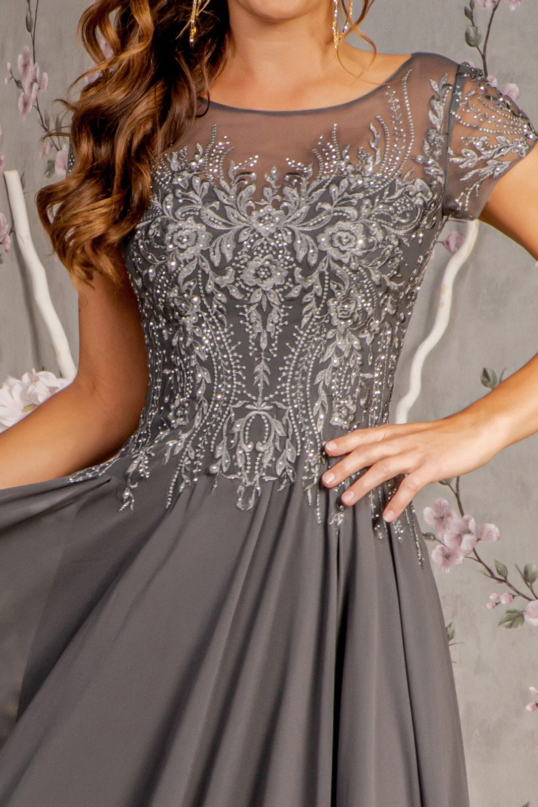 open lace back dress Embroidered Short Sleeve A-Line Gown by GLS Gloria GL3362 Navy / 4XL