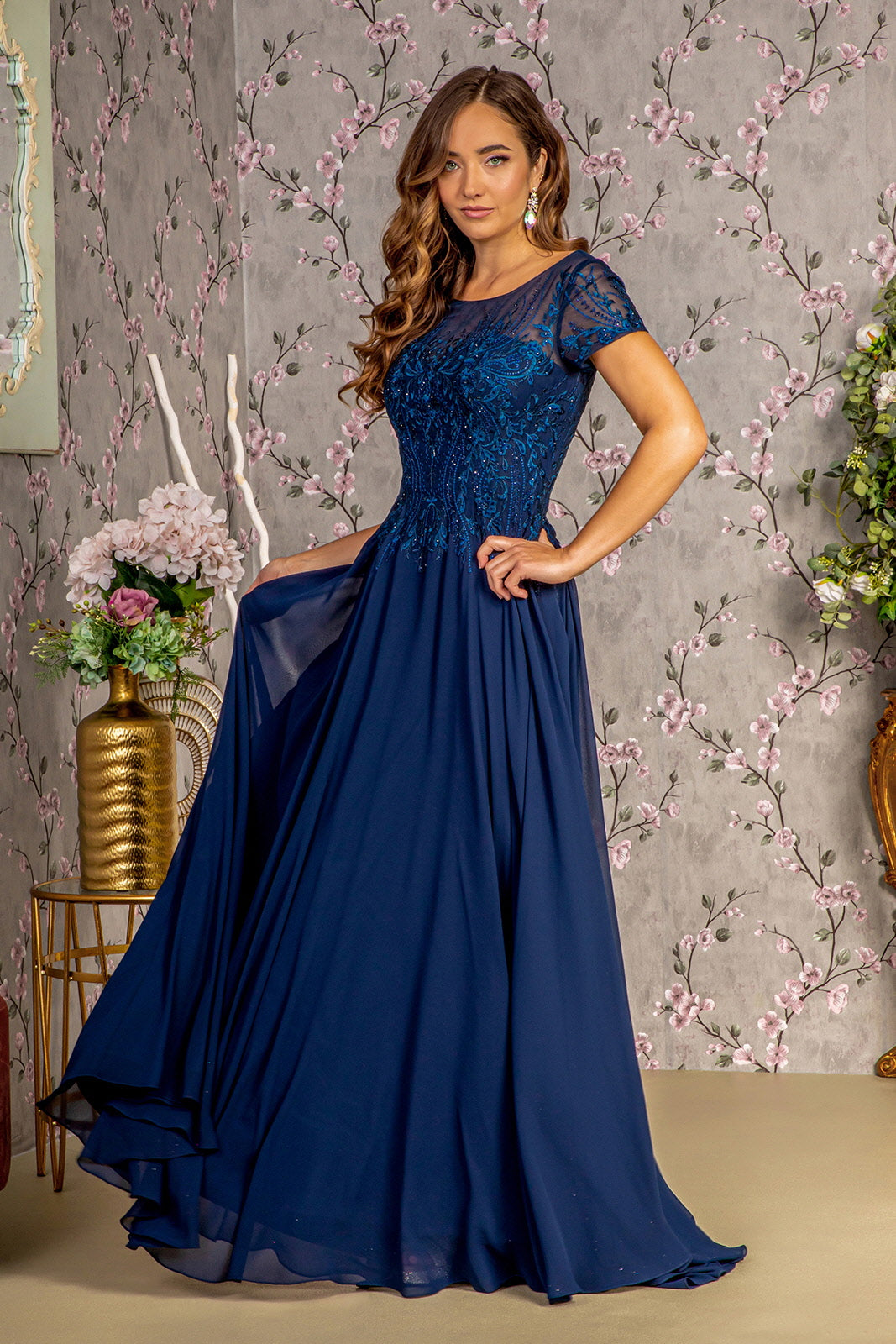 Embroidered Short Sleeve A-Line Gown by GLS Gloria GL3362 Navy / 4XL Embroidered Short Sleeve A-Line Gown by GLS Gloria GL3362 Navy / 4XL