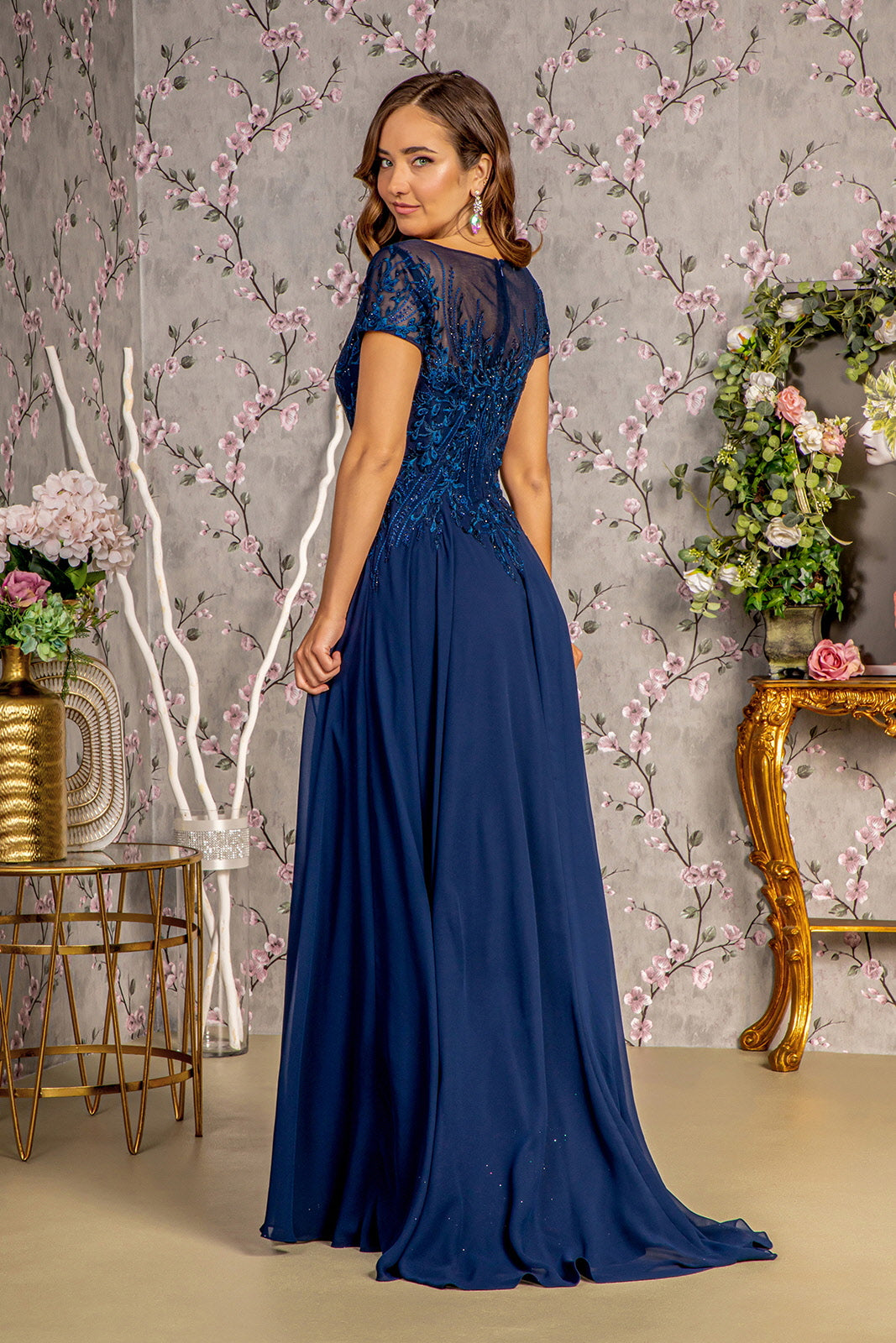 blue dress g&l GL3518 Quinceanera Off-Shoulder Ball Gown With Train