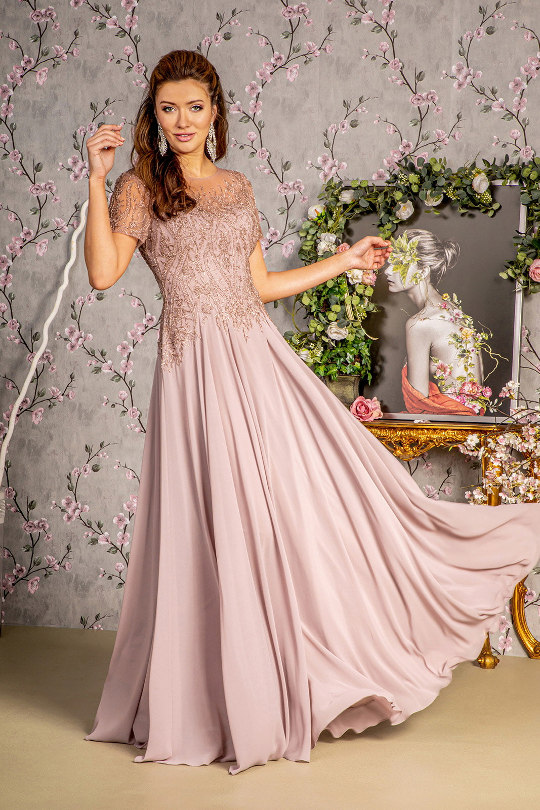 beaded a line dress GLS BY GLORIA GL3492 A-Line Prom Gown MAUVE / 2XL NINGNING in a Stunning Style:M284SK-02 19th Century matching tulle shawl Fabric