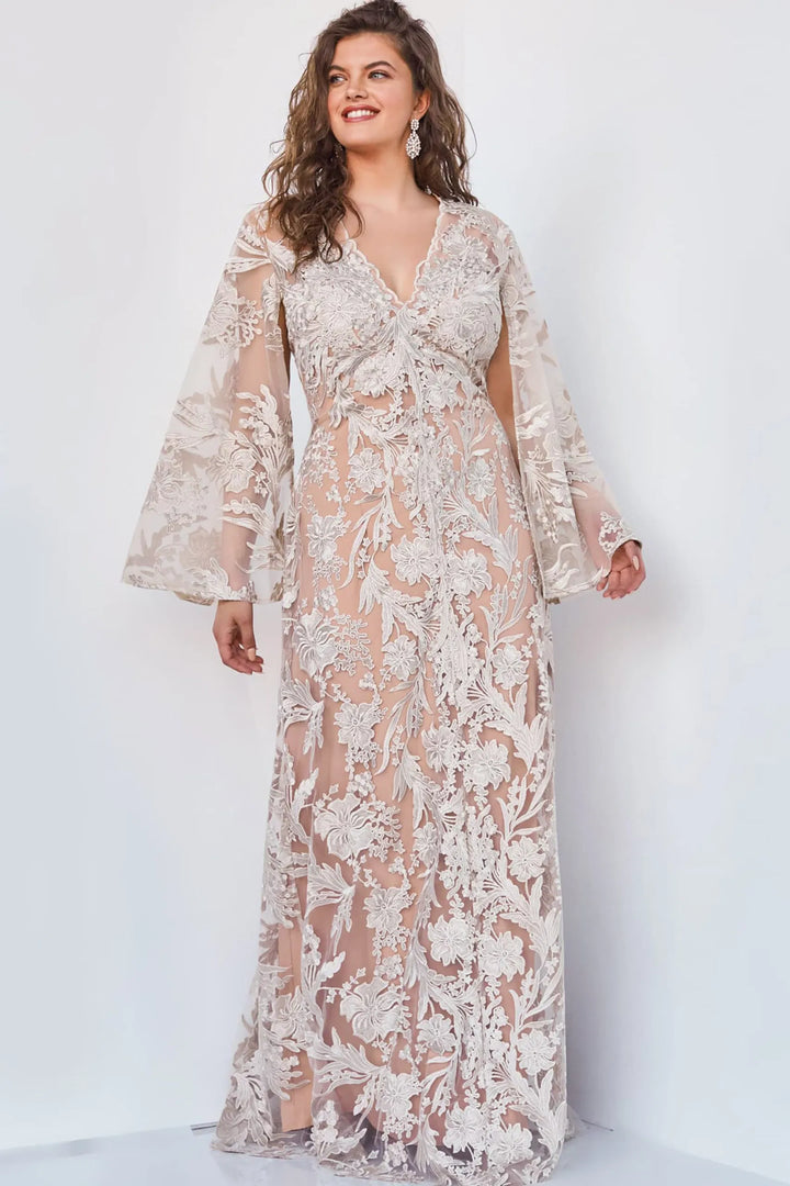 Jovani 00752 Cape Sleeve Novelty Lace Sheath Gown