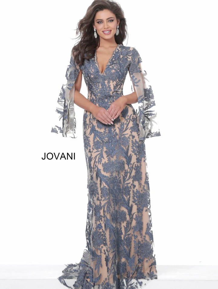 Jovani 00752 Cape Sleeve Novelty Lace Sheath Gown