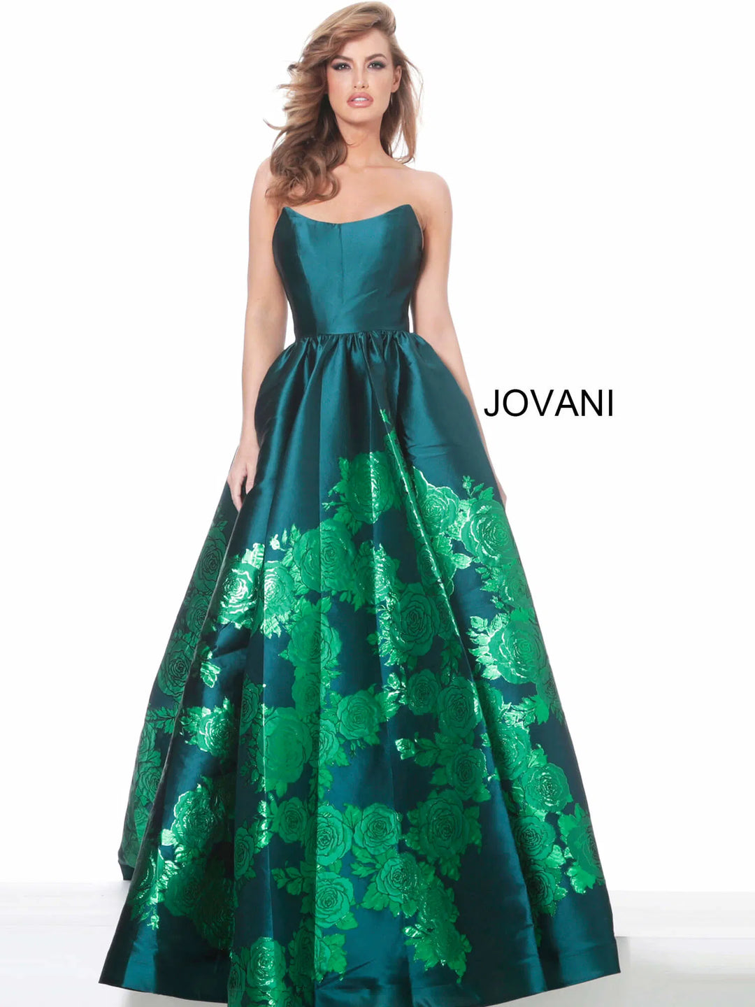 Jovani 02038 Strapless Scoop Neck Floral Embroidered Gown