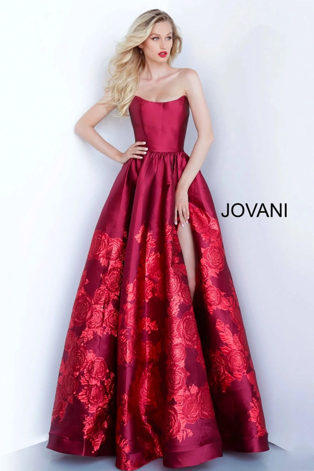 Jovani 02038 Strapless Scoop Neck Floral Embroidered Gown