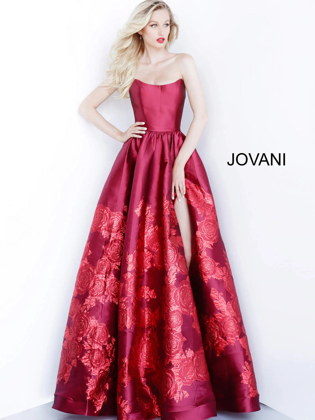Jovani 02038 Strapless Scoop Neck Floral Embroidered Gown