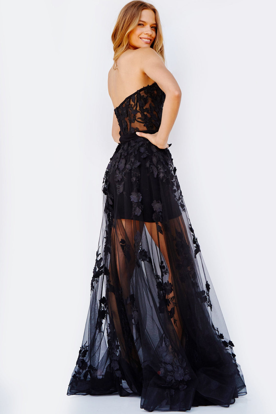 Jovani 02845 Floral Embellished Corset Bodice Sheer Overskirt Gown