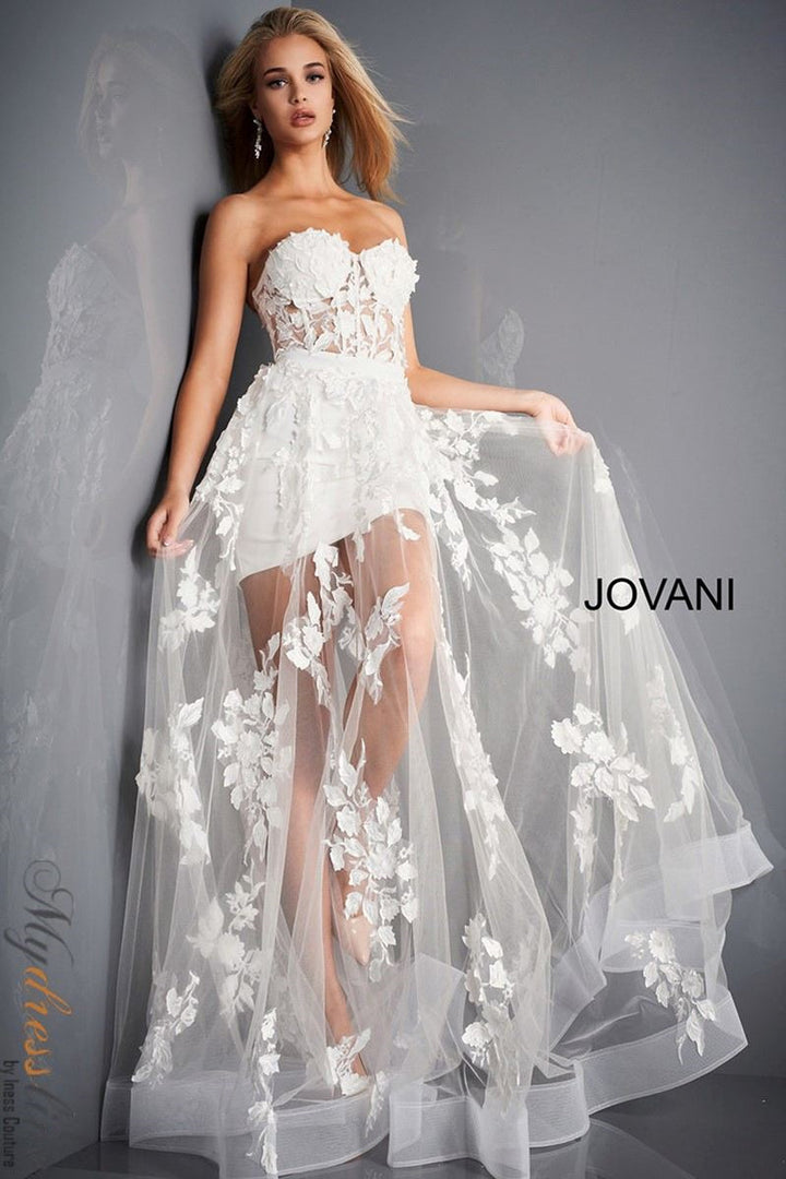 Jovani 02845 Floral Embellished Corset Bodice Sheer Overskirt Gown