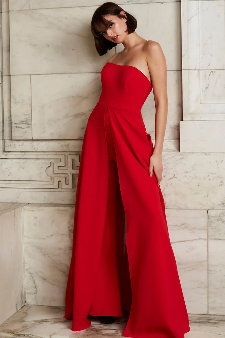 Jovani 03529 Strapless Wide Leg Formal Evening Jumpsuit With Overlay