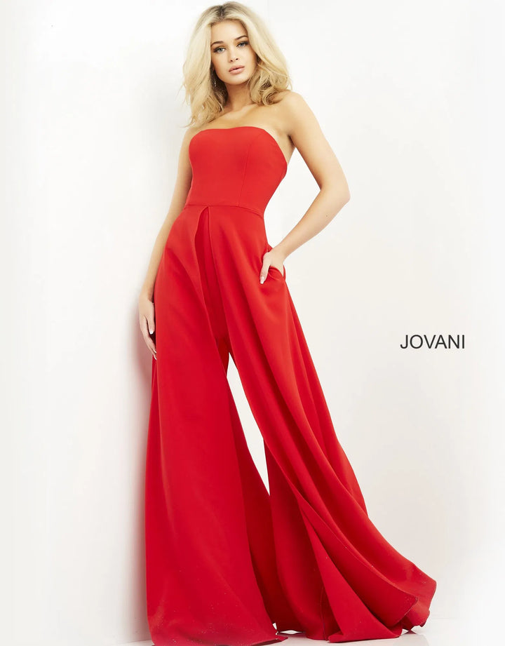 Jovani 03529 Strapless Wide Leg Formal Evening Jumpsuit With Overlay