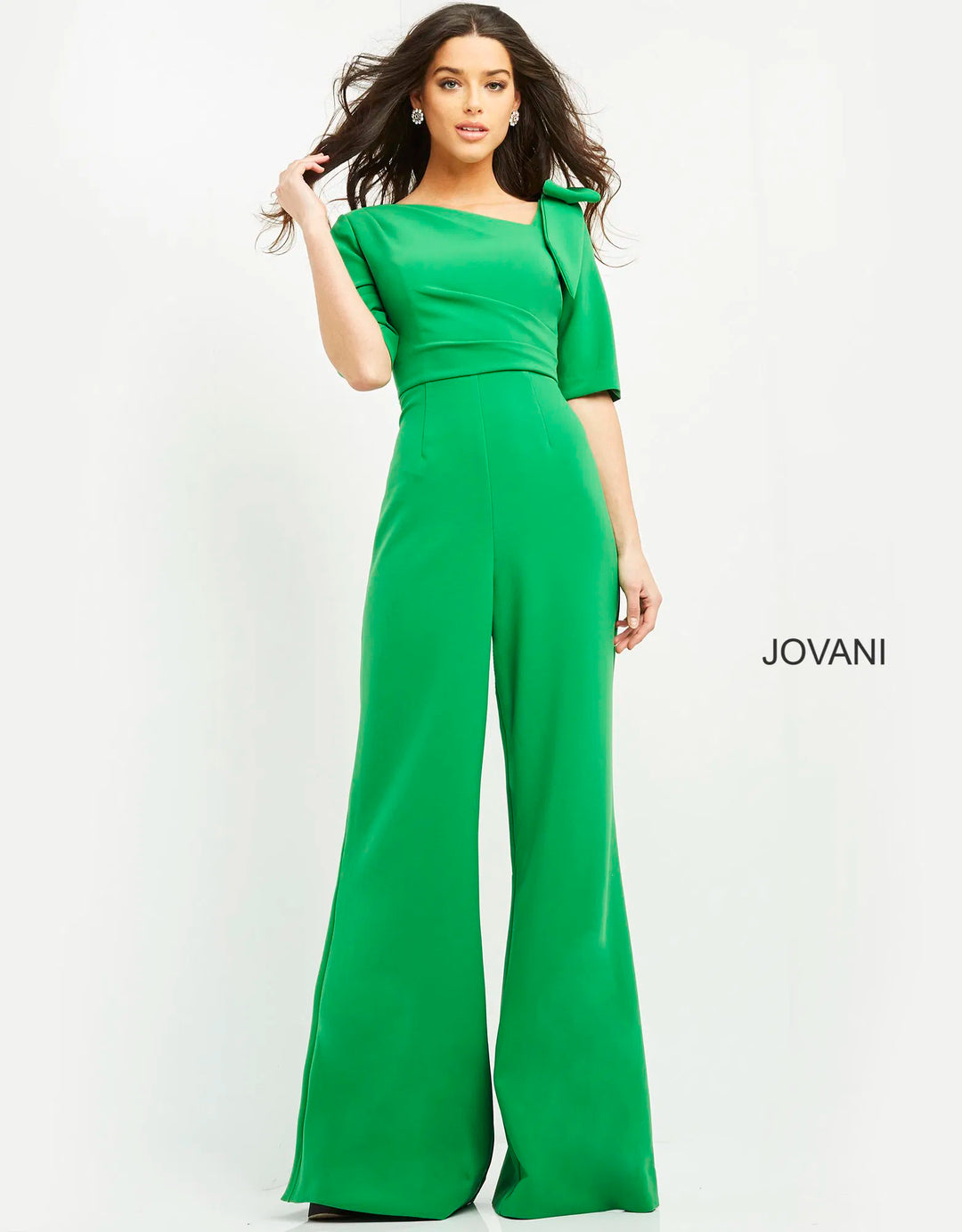 Jovani 04284 Bow Shoulder Asymmetric Jumpsuit