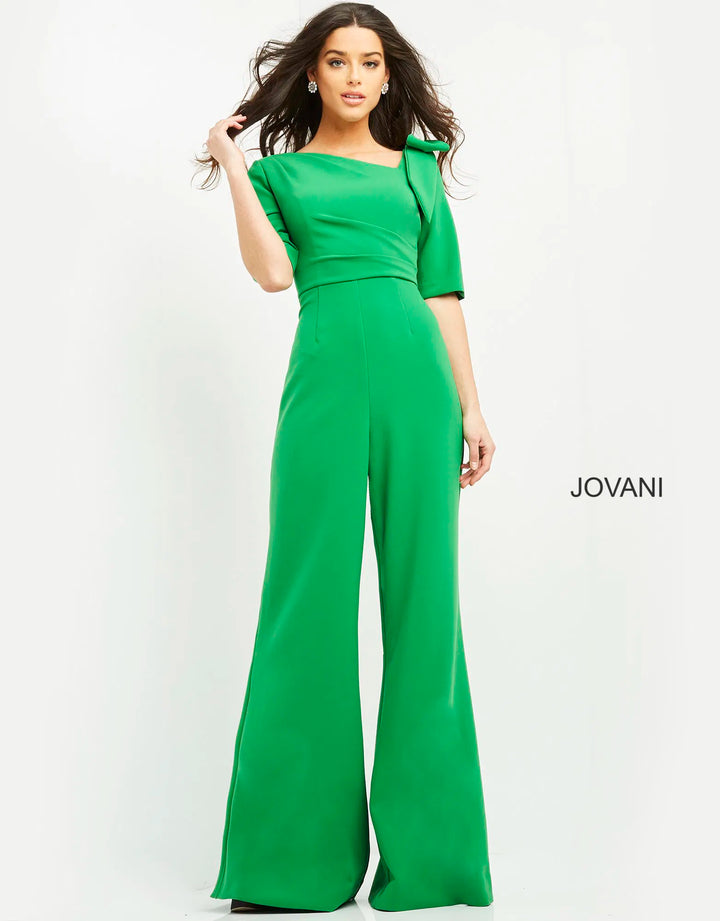 Jovani 04284 Bow Shoulder Asymmetric Jumpsuit
