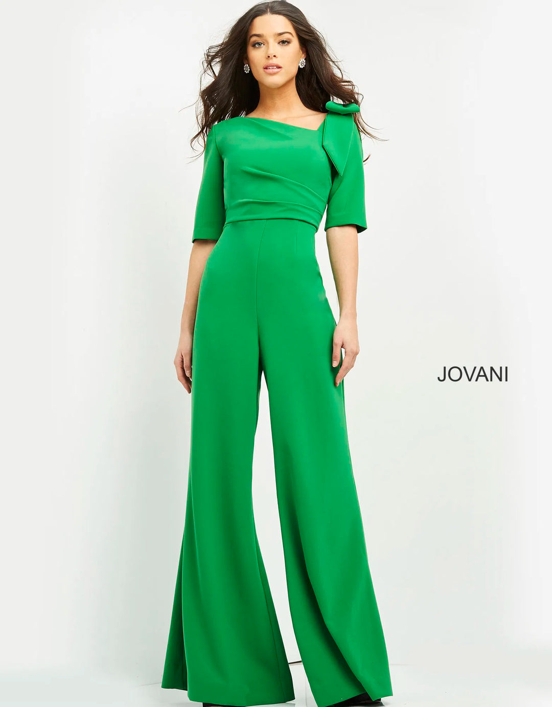 Jovani 04284 Bow Shoulder Asymmetric Jumpsuit