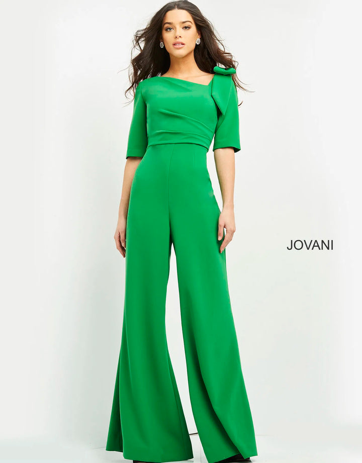 Jovani 04284 Bow Shoulder Asymmetric Jumpsuit