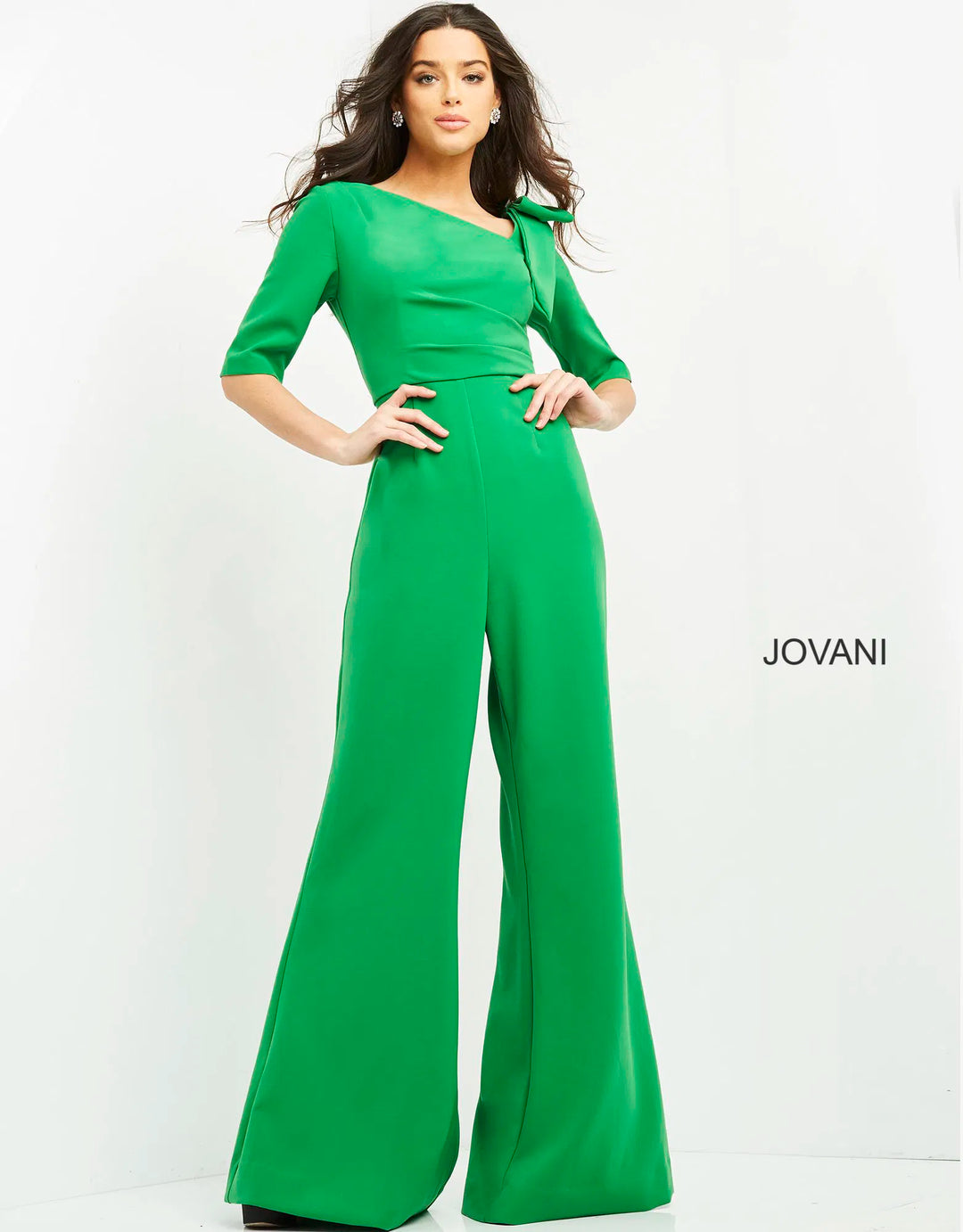 Jovani 04284 Bow Shoulder Asymmetric Jumpsuit