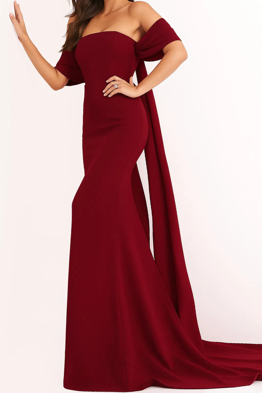 Jovani 04350 Off Shoulder Crepe Evening Dress With Long Cape
