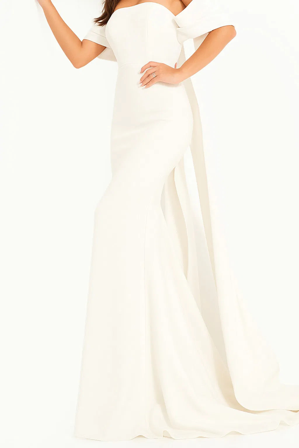Jovani 04350 Off Shoulder Crepe Evening Dress With Long Cape