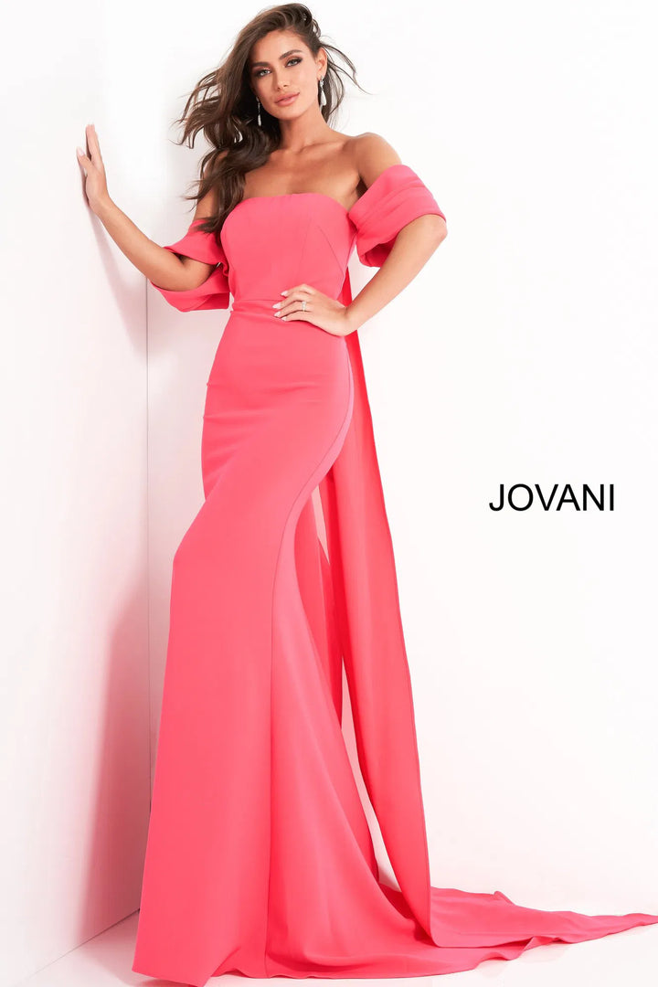 Jovani 04350 Off Shoulder Crepe Evening Dress With Long Cape