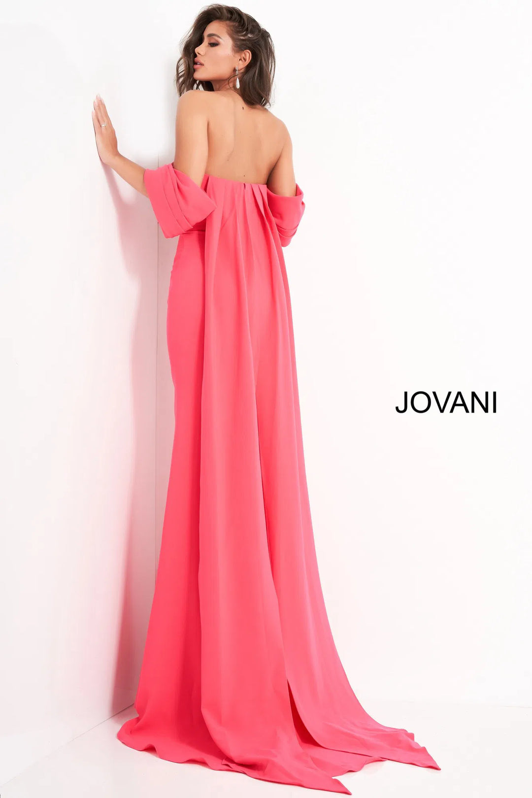 Jovani 04350 Off Shoulder Crepe Evening Dress With Long Cape