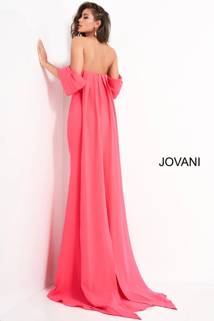 Jovani 04350 Off Shoulder Crepe Evening Dress With Long Cape