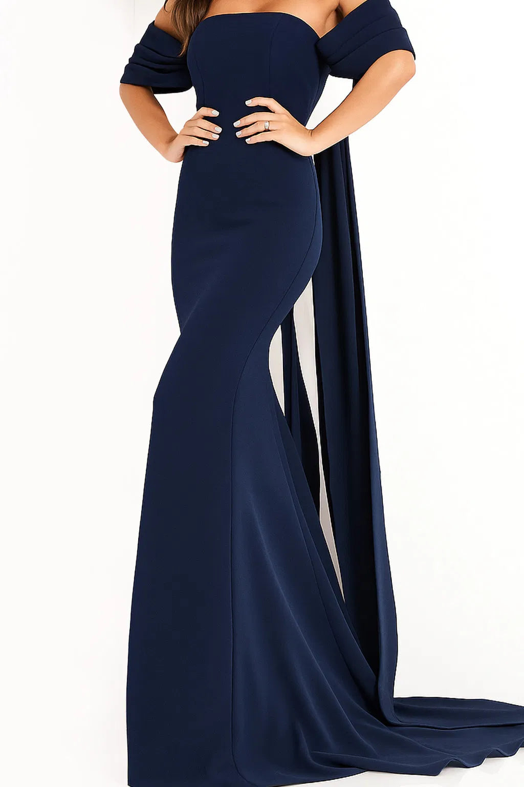 Jovani 04350 Off Shoulder Crepe Evening Dress With Long Cape