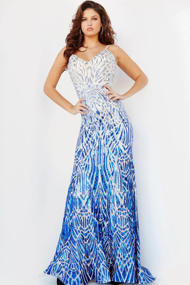 Jovani 06450 Two Tone Sequined V Neck Trumpet Dress