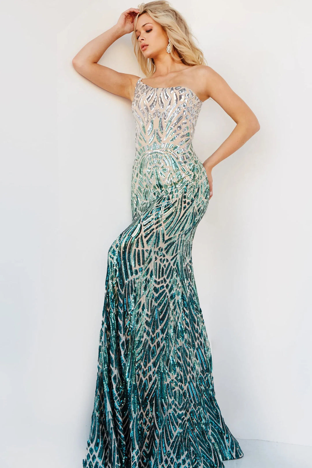 Jovani 06469 Sequined Modest Prom Trumpet Dress