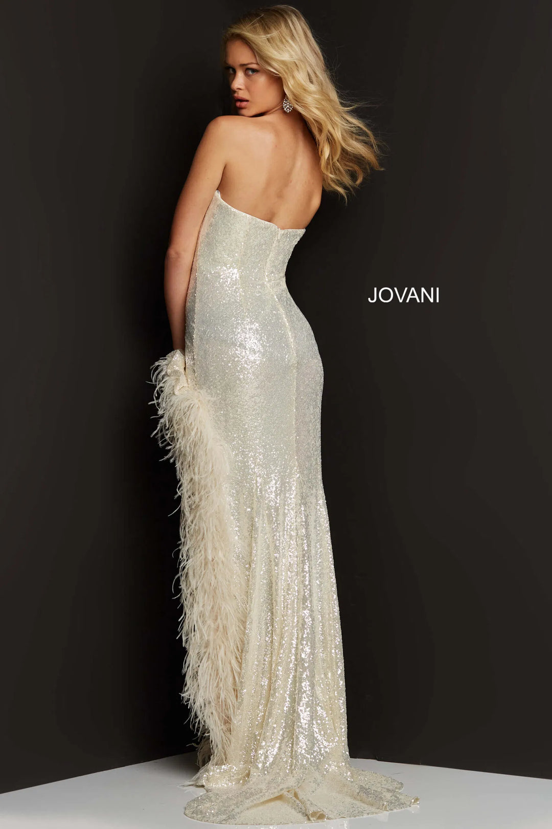 Jovani 07068 Strapless Feathered High Slit Gown