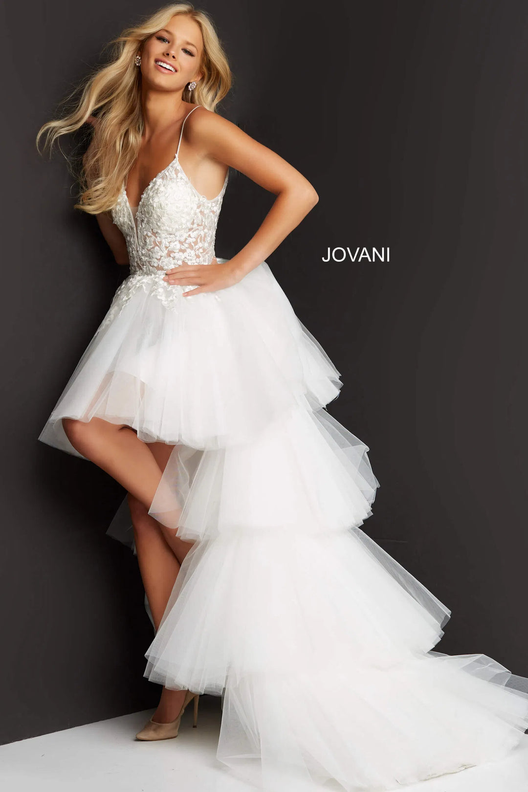 Jovani 07263 Sheer Floral Embroidered Bodice High Low Prom Dress