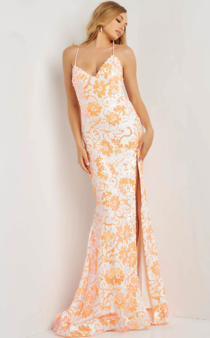 Jovani 08255 V-Neck Floral Sequin High Slit Dress