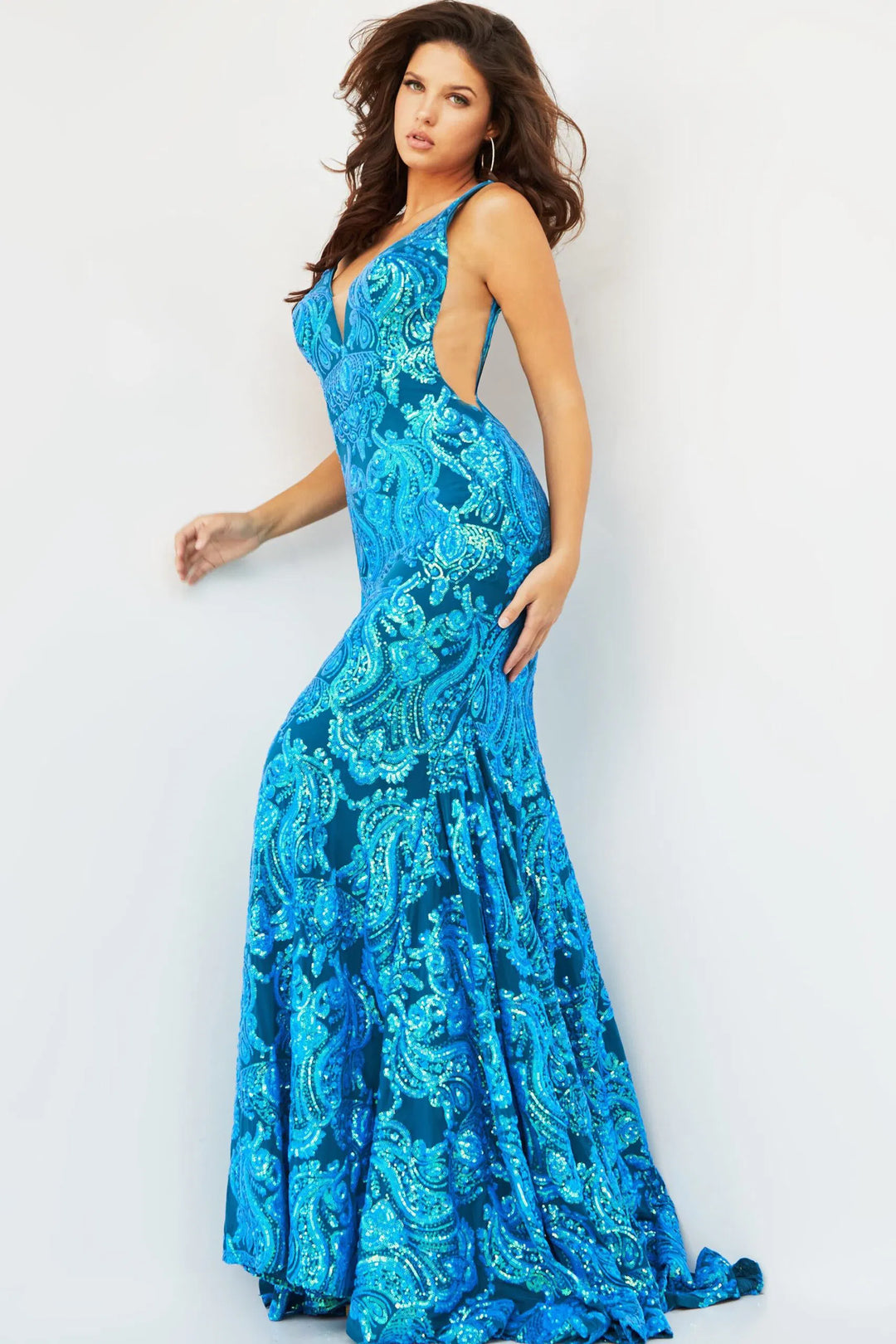 Jovani 08646 Sequin Motif V-Neck Prom Dress