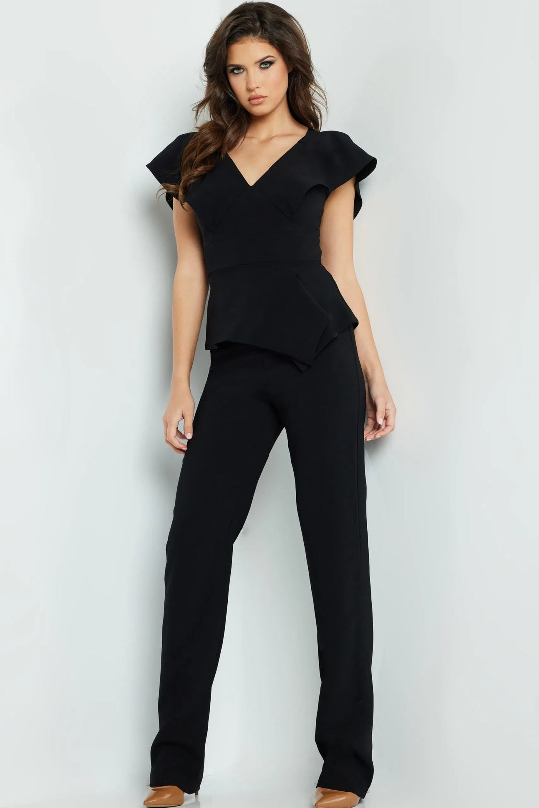 Jovani 09646 V-Neck Ruffle Jumpsuit