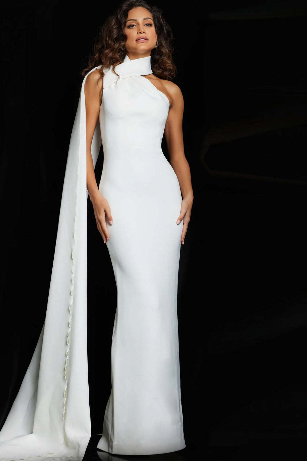 Jovani 09709 Cascading Sash Sheath Evening Dress