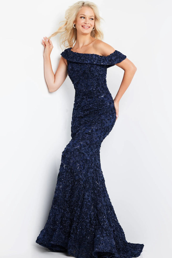 Jovani 09766 One Shoulder Rosette Evening Dress
