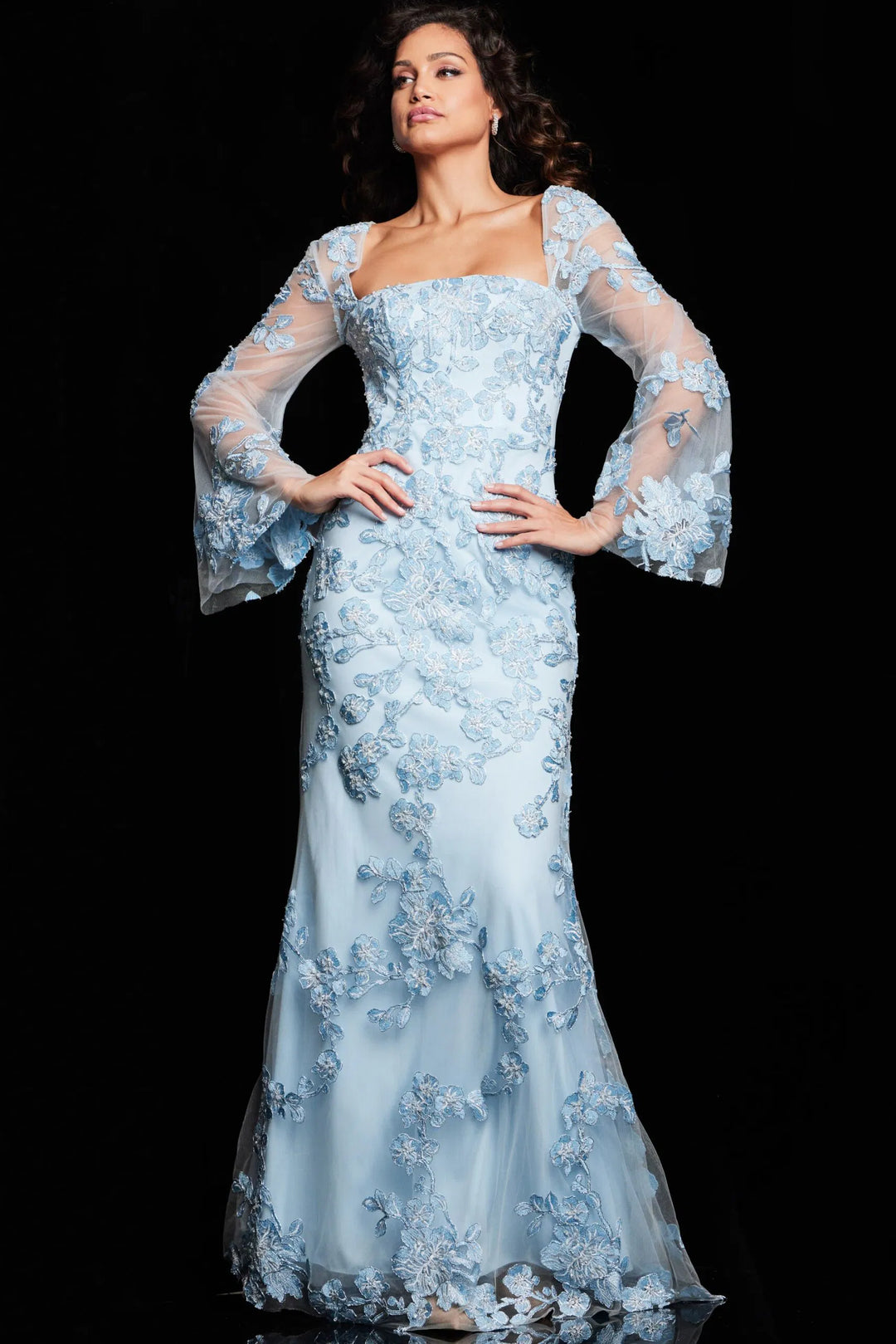 Jovani 220520 Straight-Across Neck Embroidered Dress