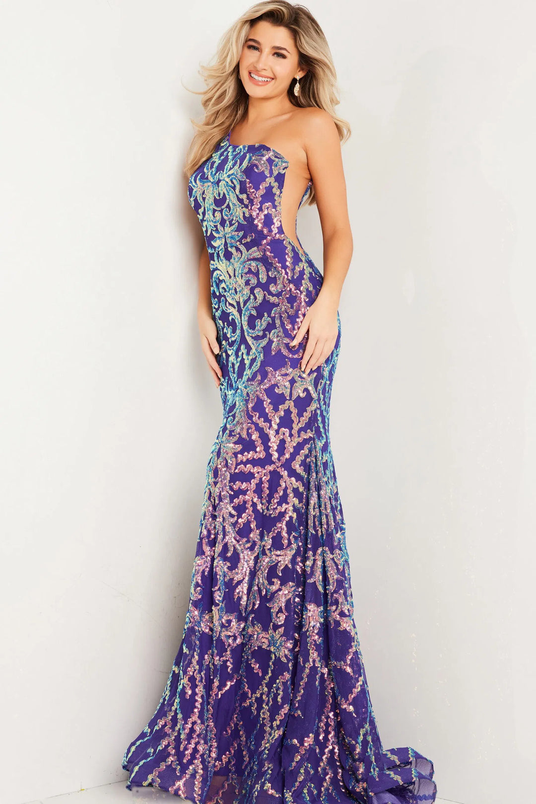 Jovani 22845 Iridescent Sequined Asymmetric Gown