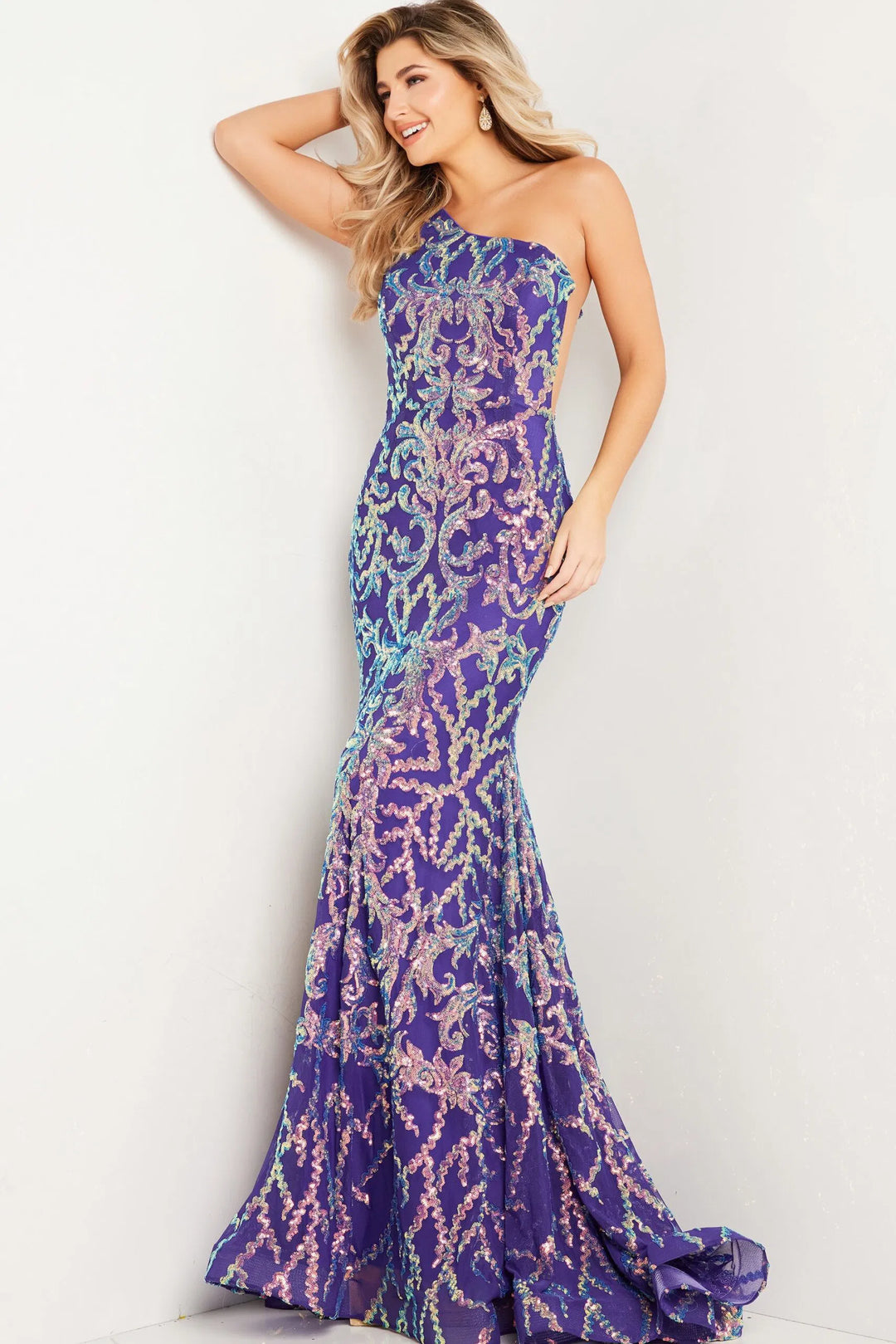 Jovani 22845 Iridescent Sequined Asymmetric Gown