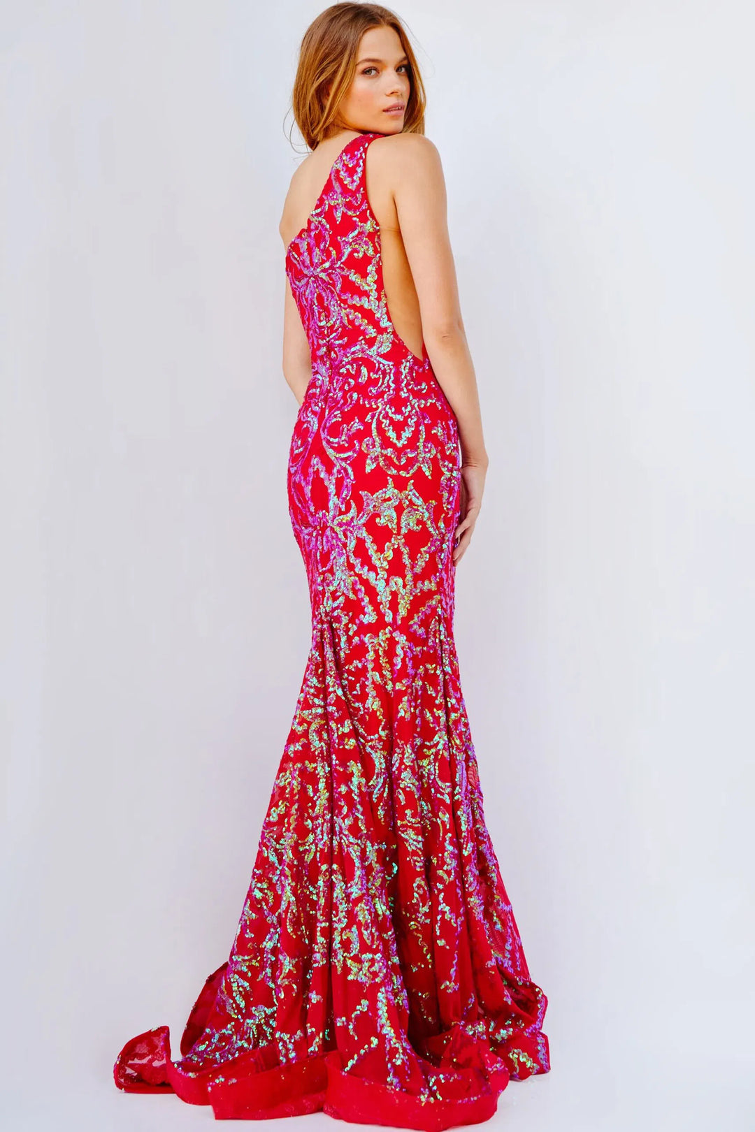 Jovani 22845 Iridescent Sequined Asymmetric Gown