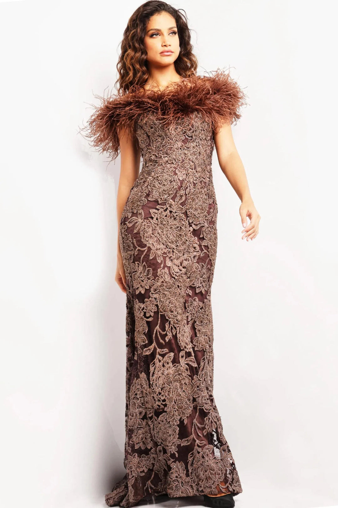 Jovani 23030 Lace Evening Dress with Feather Fringes